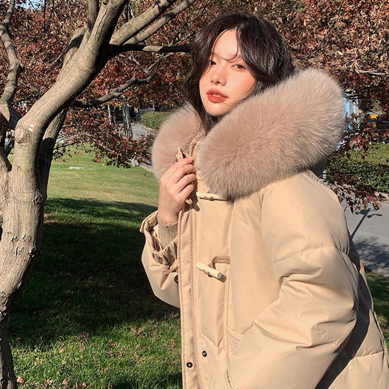 New white duck down jacket women's winter fox fur collar hooded thickened knee medium and long coat