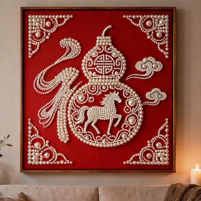 DIY Pearl Painting Kit for Adults Beginner Horse Designs 3D Pearl Art Craft Set Pre-Printed Canvas Plastic Pearls Set for Home Chinese New Year Decor