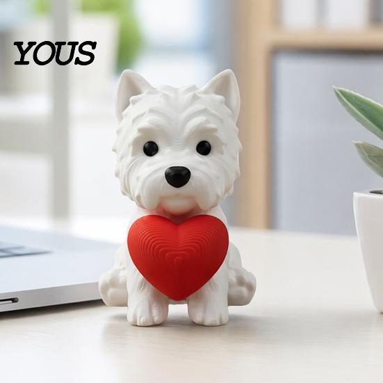Office Desk Pet Decor 3D Printed West Highland Terrier Figurine, Cute Dog Statue Holding Red Heart, Small Sculpture Car Dashboard Decor,