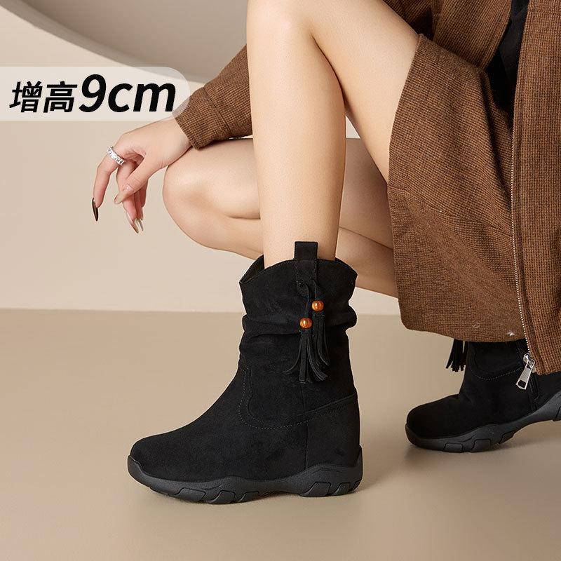 Inner heightening Martin boots women's new invisible cm medium tube stacking boots fleece thin high heel short boots