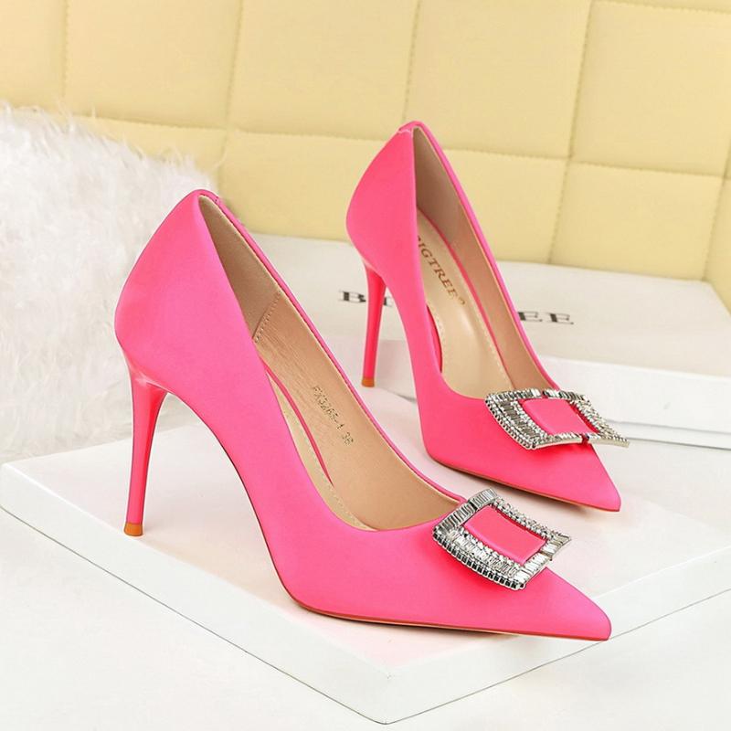 Fashionable High Heels For Women With Light Mouth Square Buckle Rhinestone Slim Heels Single Shoes Pointed Toe High-End Shoes