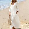 Damen V-Ausschnitt Midi Kleid Lässig Strandurlaub Einfarbig A-Linien Kleid mit Taschen