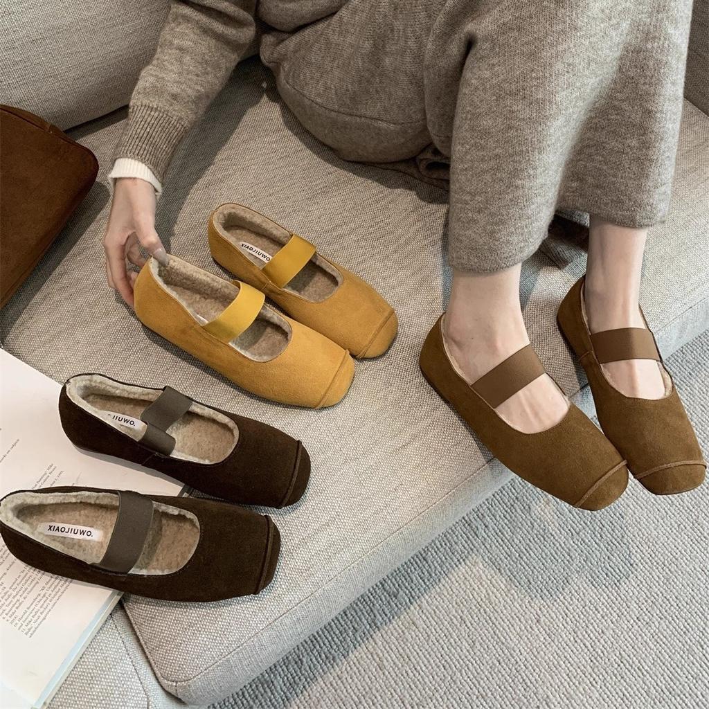 French Retro Mary Jane Shoes Women's 2025 Autumn and Winter New Square Head with Velvet Shallow Beanie Shoes