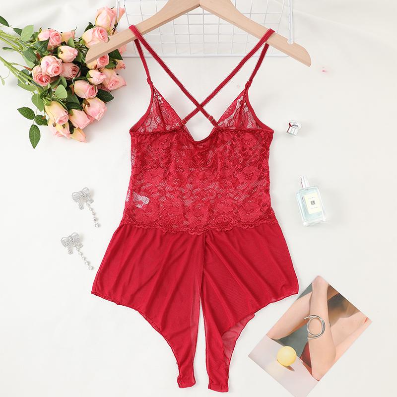 Women's Hollow Crotchless Bodysuit Slim Fit Mesh Lace Jumpsuit Bodysuit Summer Sexy Club Outfits Sleepwear Dress Women Lingerie