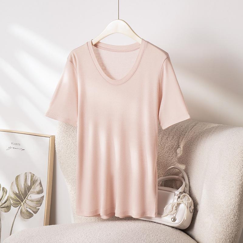 2026 Hangzhou Women's Mulberry Silk Lyocell U-Neck Tee - Lightweight, Breathable, Short-Sleeved Summer Fashion