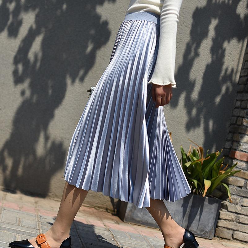 Spring New Solid Color Pleated Skirt Skirt Medium and Long High Waist Skirt
