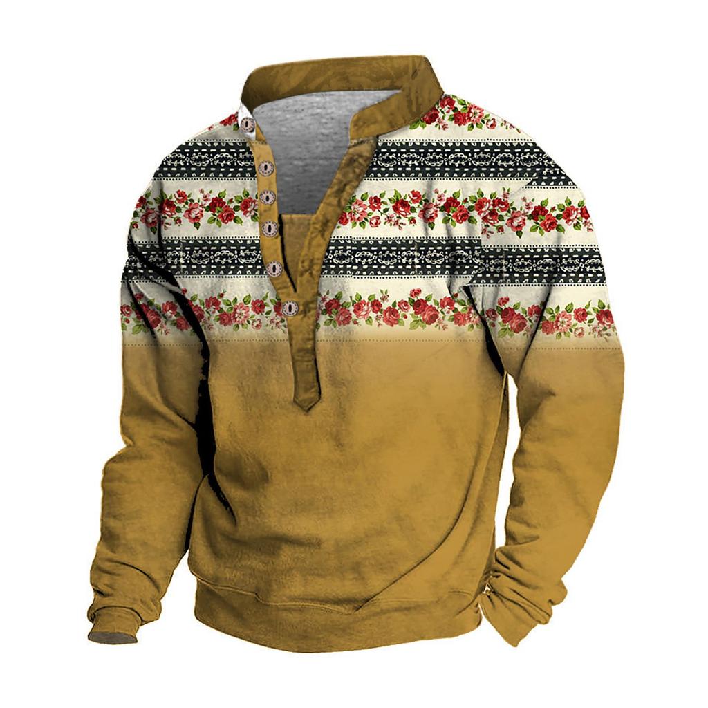 Pullover mit V-Ausschnitt für Herren, 3D-Digitaldruck, Stehkragen, 6 Knöpfe, Vintage-Kragen