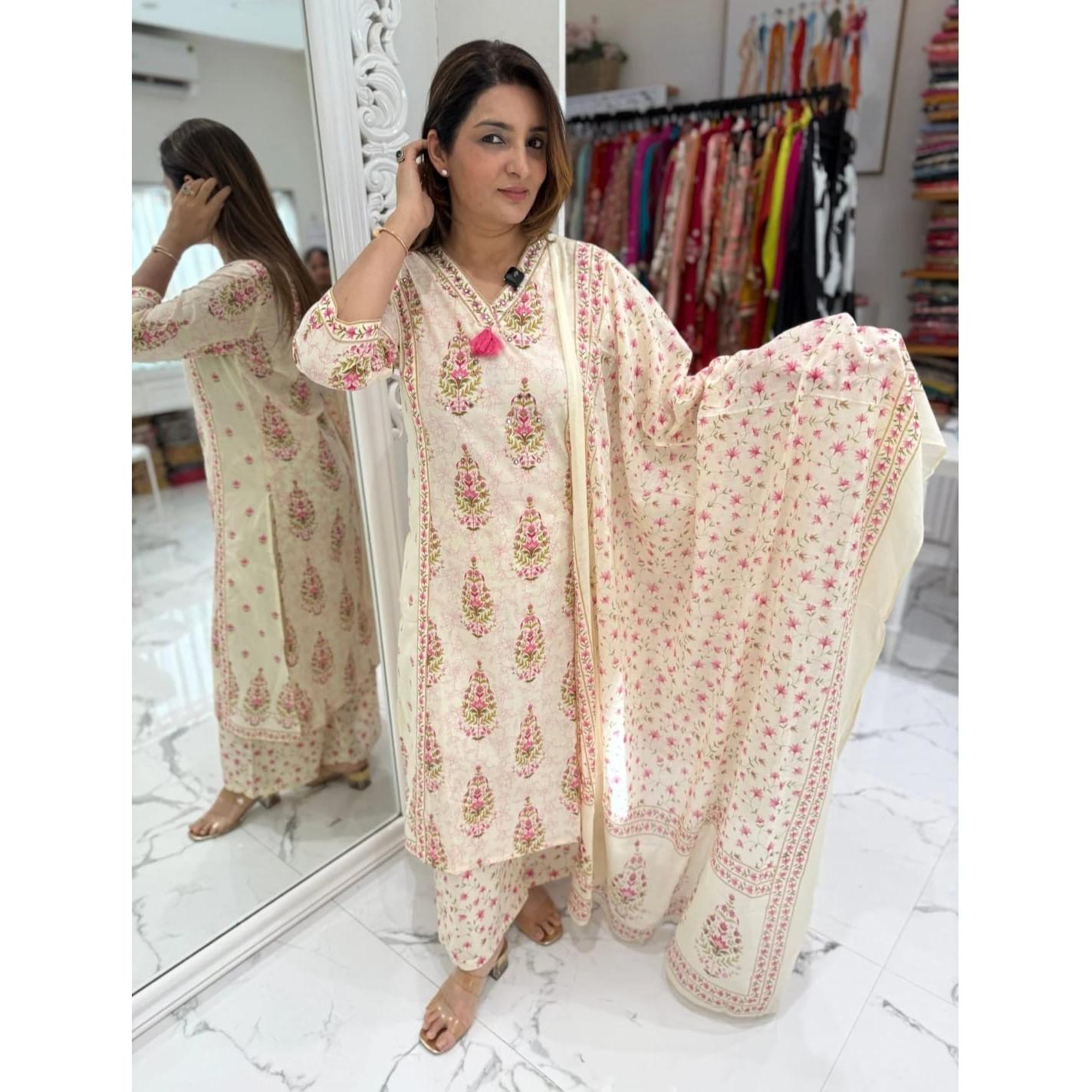 Hand Block Printed Pure Cotton Salwar Suit Indian Women s Kurti Pant Dupatta Set