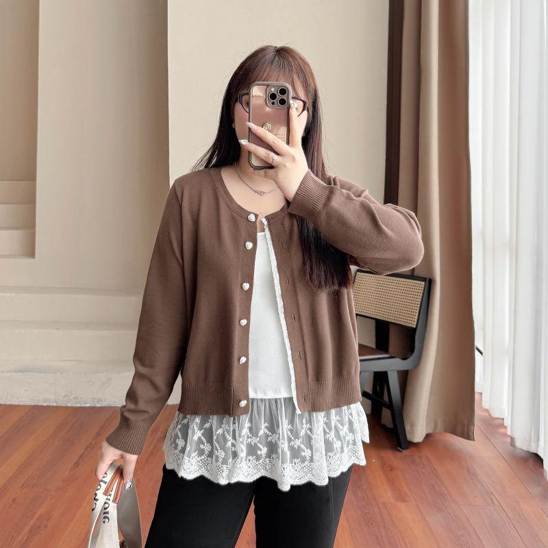 

Plus size women clothing [Korean Series Atmosphere] Lace Love Button Knit All-Match Long sleeve Short Outerwear