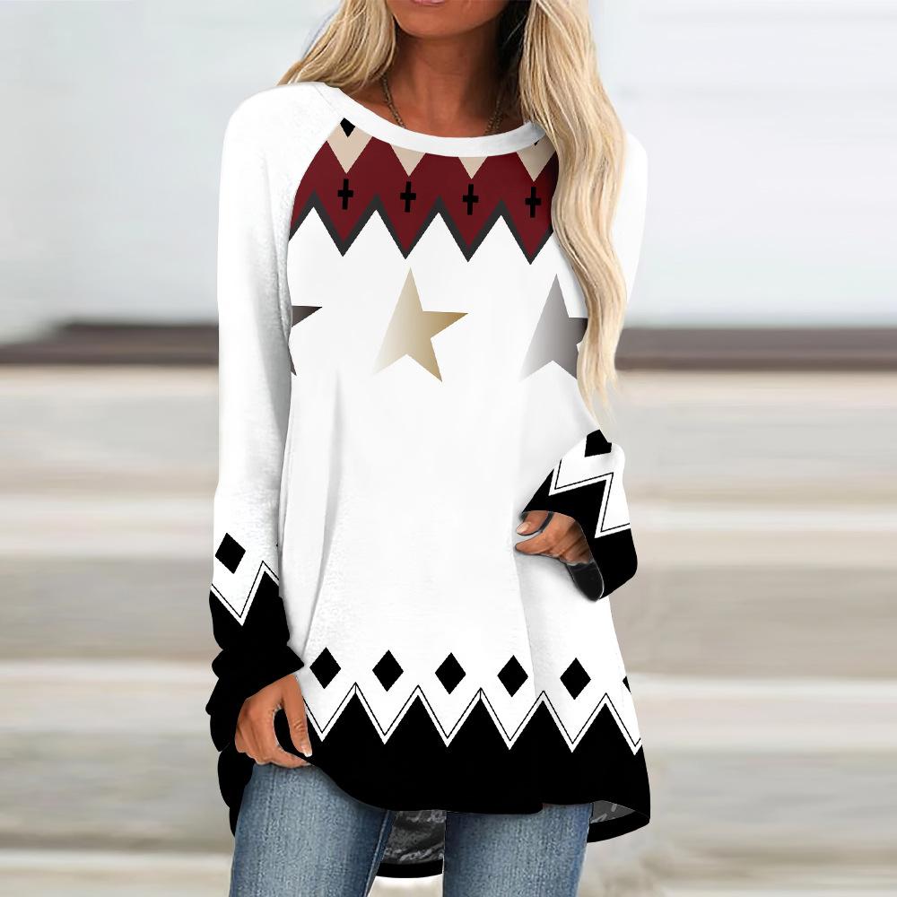 

Женская футболка больших размеров на весну с геометрическим принтом, удобная, с длинным рукавом и круглым вырезом, повседневная, свободного кроя, средней длины 8XL коричневый