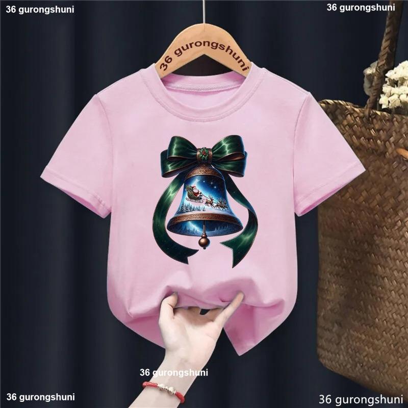 Xmas Gift Kids Clothes Christmas Bell Santa Claus Rides Reindeer Printed T Shirt For Girls/Boys Funny Solid T-Shirt Tops
