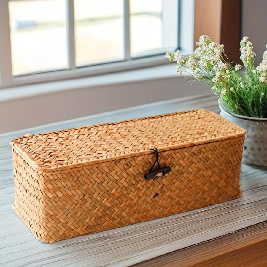 Chic Woven Storage Box with Lid - Organize Makeup & Desk, Stylish Home Decor!