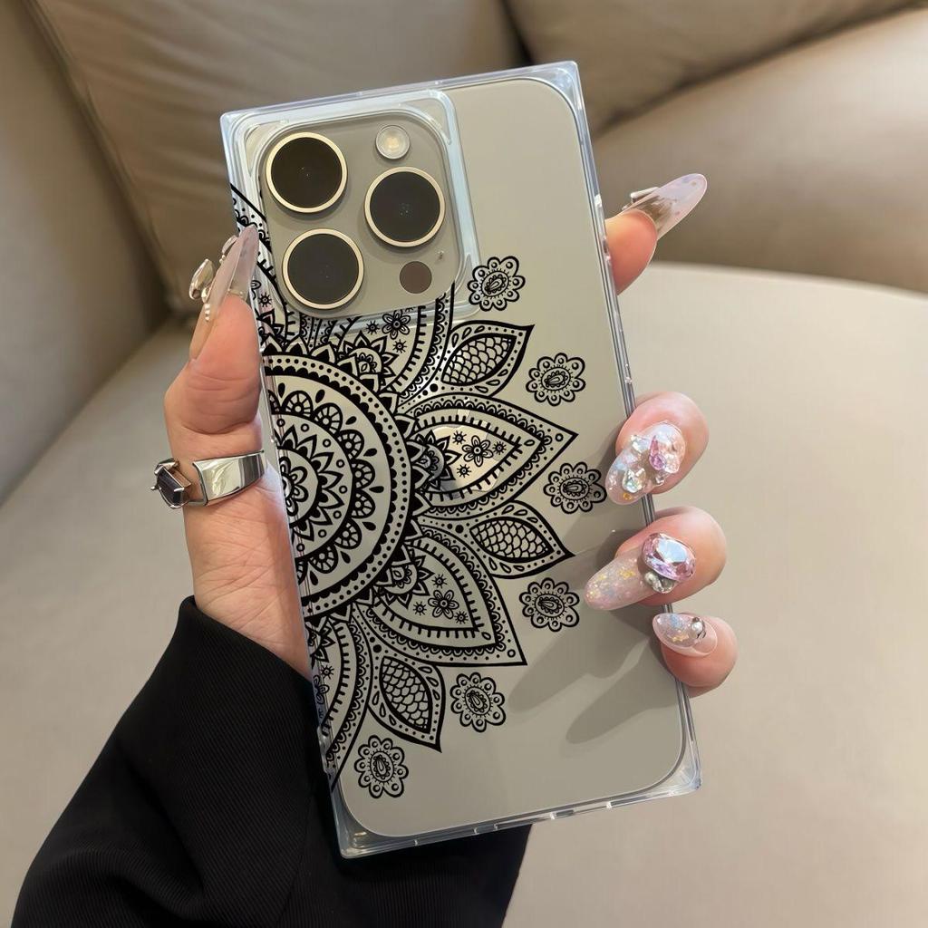 Transparente Quadratische Rückseite Röhrenhülle Schutz Für iPhone 13 12 15 Plus 14 Pro Max 16 ProMax 11 Anti-Sauerstoff, Schwarzes Halber Blumenkranz Muster Gehäuse