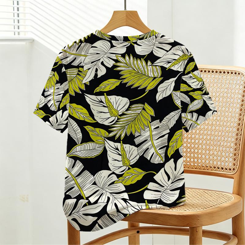 Women's Basic Crew Neck Short Sleeve T-Shirt Minimalist Tropical Leaf Print, Soft & Comfortable Fabric, Ideal for Daily Casual & Home Wear