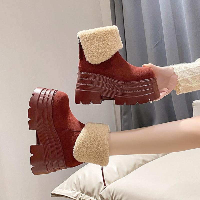 2025 Winter Women's Warm Snow Boots Outdoor Plush Ankle Shoes Anti-skid Chunky Leather Sneakers Short Fur Boot Botas Mujer 10CM