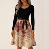 Women's Casual Vintage Halloween Dress Long Sleeve Round Neck Ghost Print Retro Style Midi Dress with Waist Tie for Daily Wear