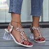 Women's Plus Size Square Toe Sandals, Rhinestone Butterfly Decor Transparent Crystal Chunky Heel Elegant Daily Footwear
