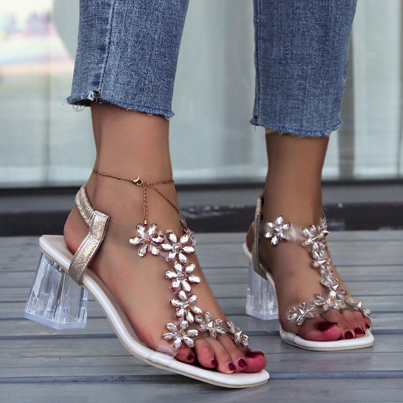 Women's Plus Size Square Toe Sandals, Rhinestone Butterfly Decor Transparent Crystal Chunky Heel Elegant Daily Footwear