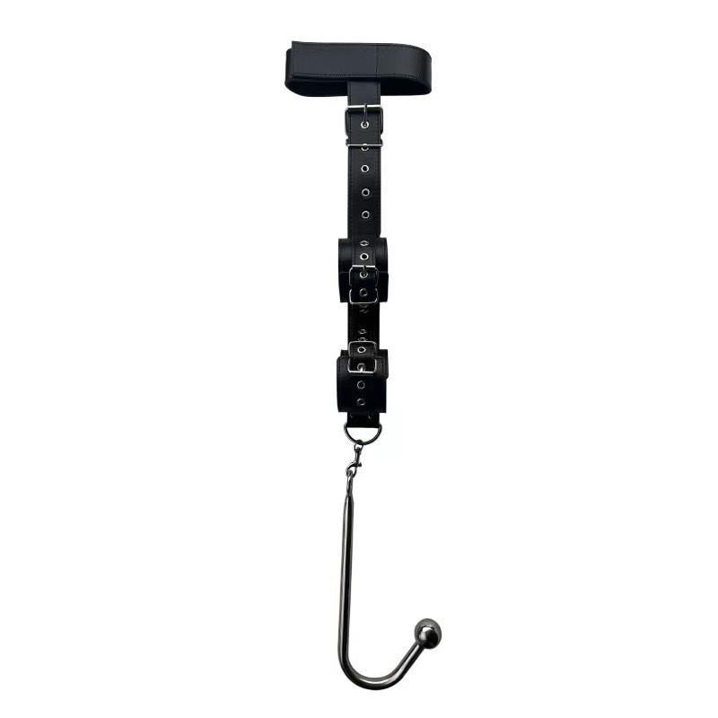 SM Adult Toys: Reverse Hand Gag with Upper & Lower Cuff Straps and Hooks, Metal Anal Plug, Leather Binding.