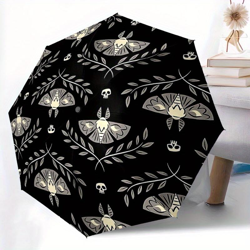1pc Automatic Open/Close Umbrella with Moths Skulls - Gothic Halloween Umbrella, Black & White Moth Skull Design, Sturdy 8-Rib