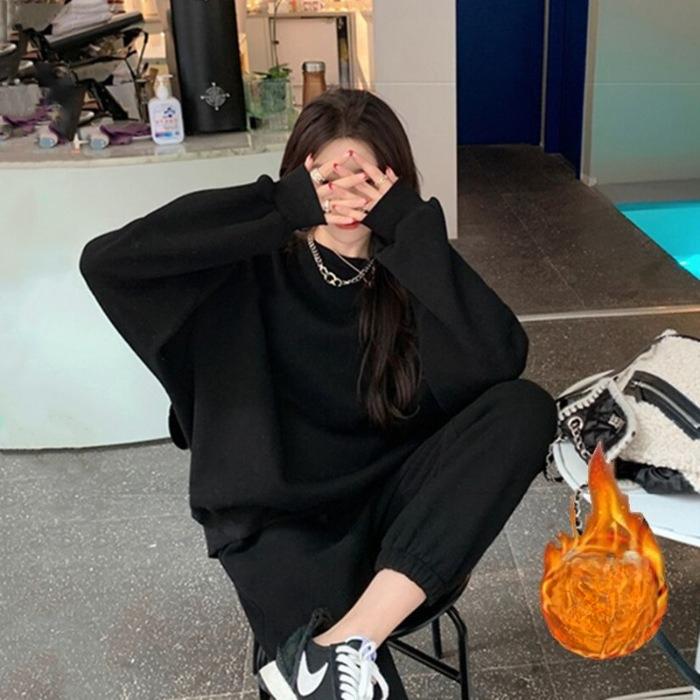 

Thick Velvet Casual Fashion Sports Suit for Women Autumn and Winter Loose Western-style Sweatshirt and Trousers Two-piece Set 2XL чорний