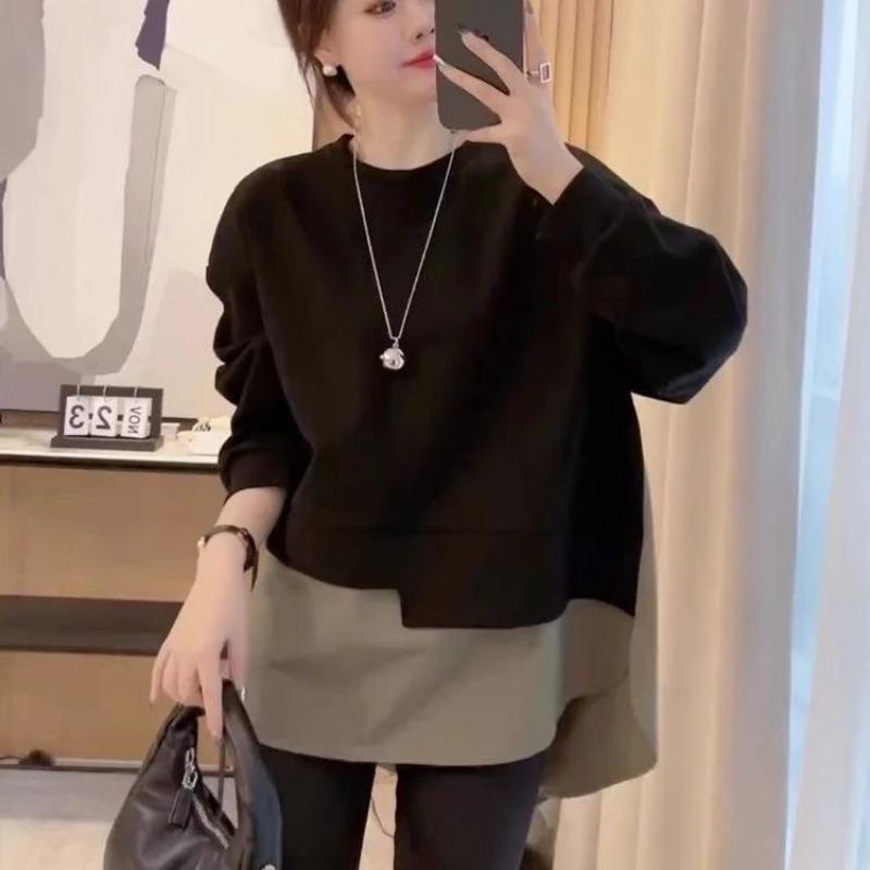 Design Style Splicing Autumn New Loose and Slim Mid-length Sweatshirt for Women with High-end Feel