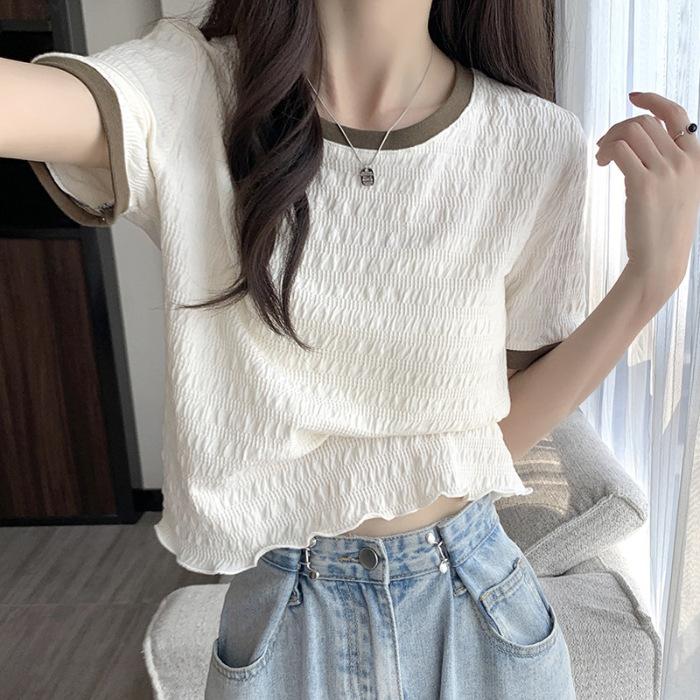 Women Summer Short Sleeve Round Collar Solid Color Pullover T Shirt Blouse Top