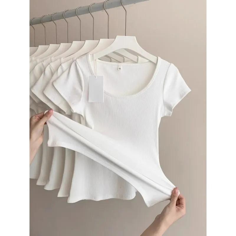 Женский повседневный белый ребристый топ с U-образным вырезом и коротким рукавом S белый