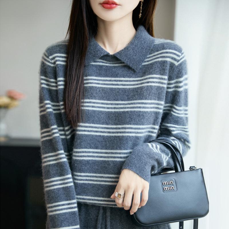 Women's 100% Pure Wool Striped Lapel Sweater - Autumn/Winter Loose Fit Knitwear