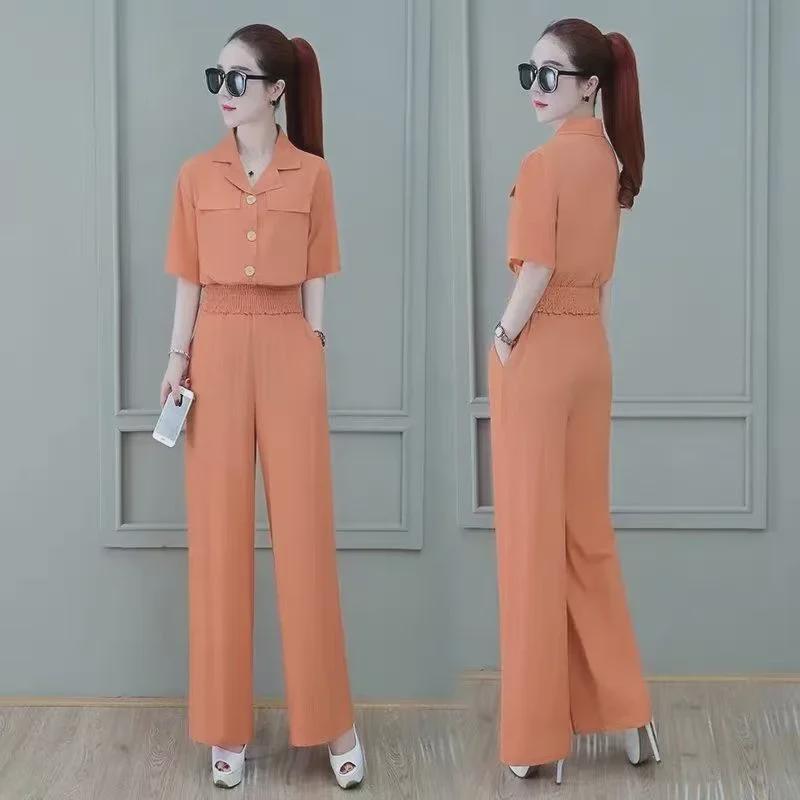 Women's Summer Fashion Suit: Short Slim Fit Top & Wide-Leg Pants Two-Piece Set