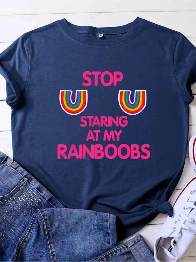 

Хватит глазеть на мои радужные сиськи Принт Женская футболка с коротким рукавом и круглым вырезом Свободная Женская футболка Женская футболка Топы Camisetas Mujer XXXL темно-синий