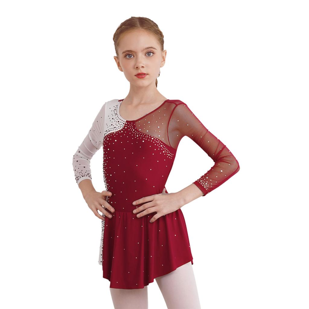 Girls' Ice Skating Leotard Dress Kids Long Sleeve Shiny Rhinestone Ballet Gymnastics Dance Clothes