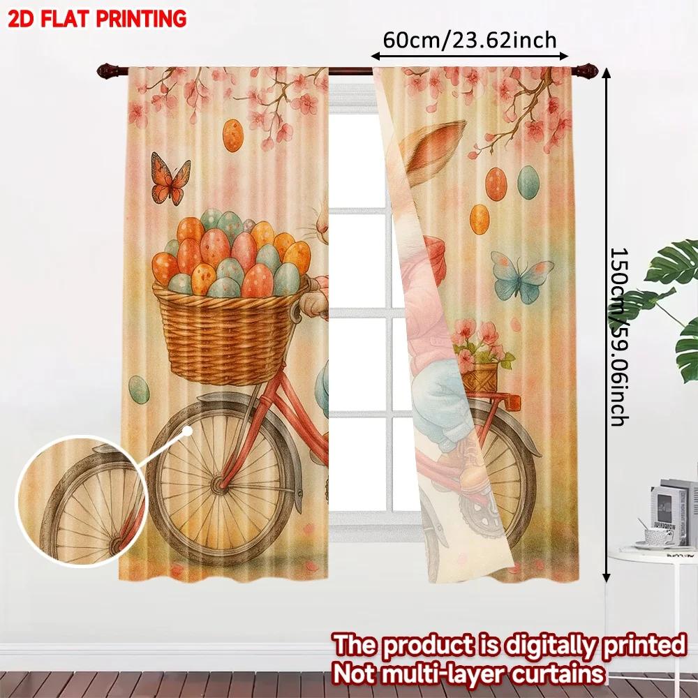 Set Of 2 Bunny Bicycle Curtains Easter Rabbit Colorful Eggs Spring Theme Design Kids Room Living Made Polyester Sitting Window Treatment
