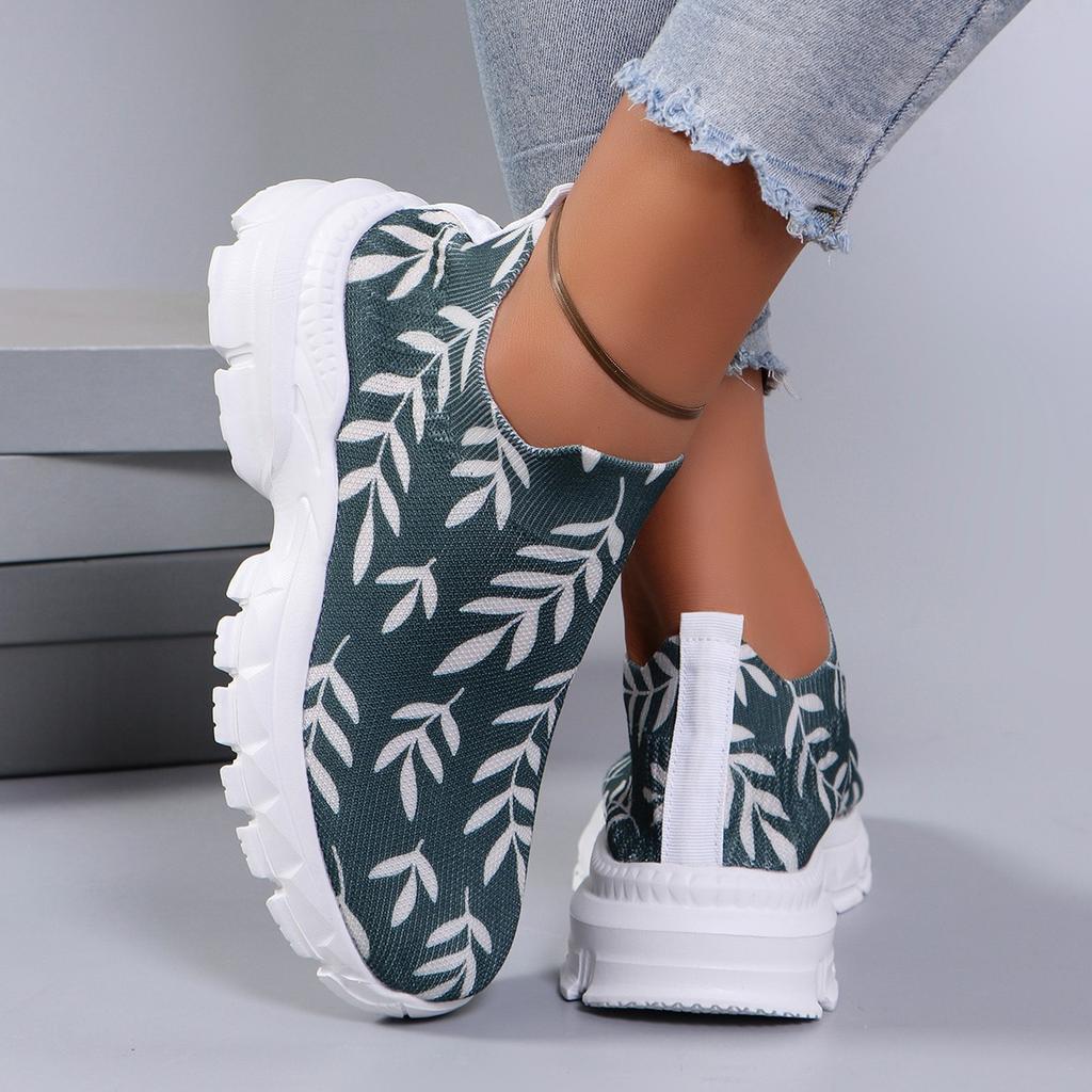 Letters Floral Print Platform Sneakers for Women Knitting Casual Sports Shoes Woman Non Slip Breathable Running Shoes