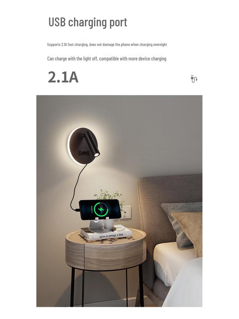 Modern Minimalist Indoor LED Wall Lamp with USB Reading Light for Bedroom or Living Room.