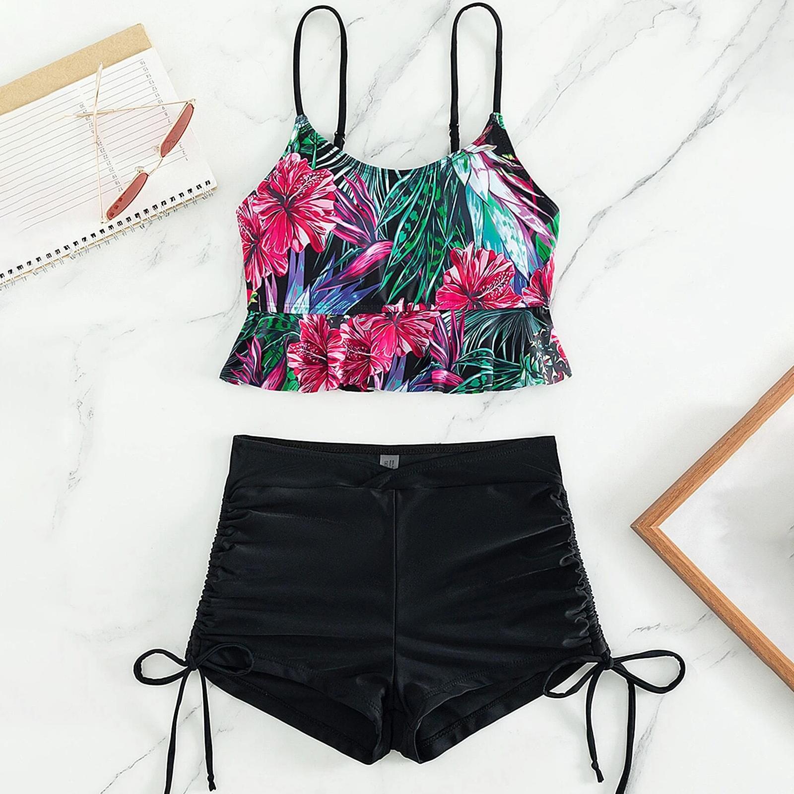 

Купальник женский, разделенный комплект из двух предметов, с высокой талией, без рукавов, верхняя рубашка, бикини с кулиской и принтом XL