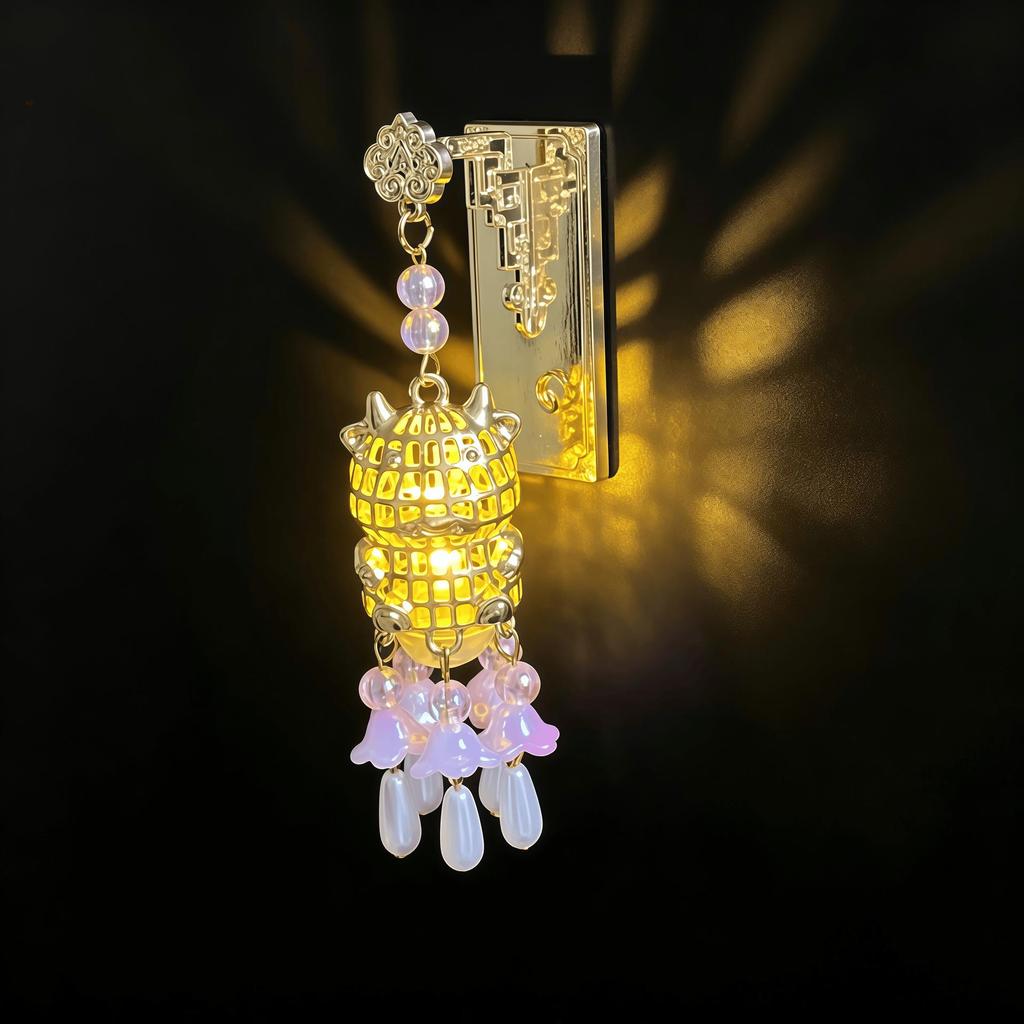 Ancient Style Luminous Lantern Refrigerator Magnet with Pavilion Tassel and Pearl Ornament