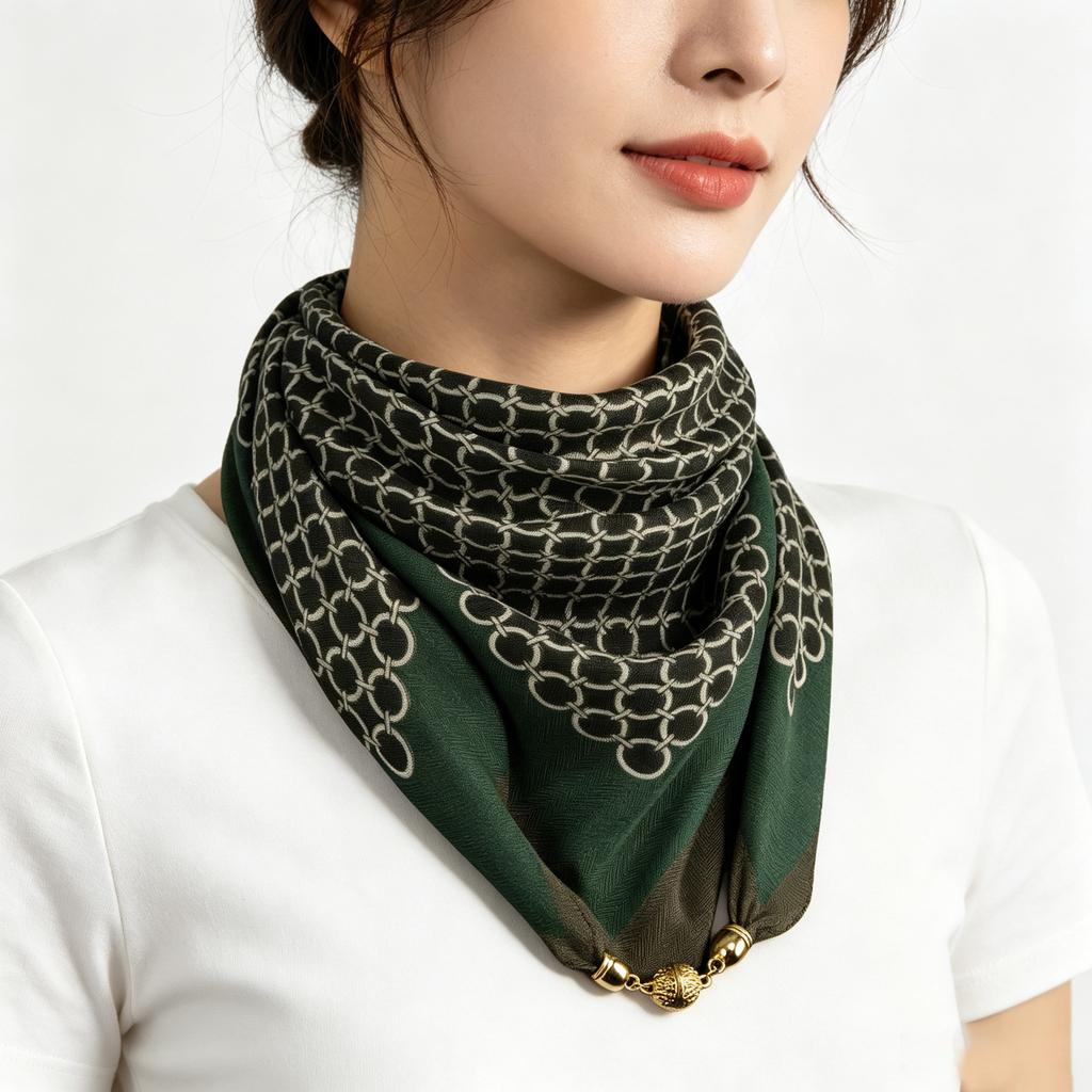 Magnetic silk scarf buckle chain silk scarf small square scarf spring, autumn and winter advanced sense matching shirt scarf neck protection scarf wom