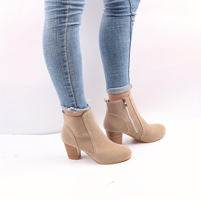 Beige Women's Round Toe Side Zipper High Block Heel Ankle Boots - Cover-Like Fabric Upper, Comfortable Thick Heel  Platform, Durable Rubber Sole