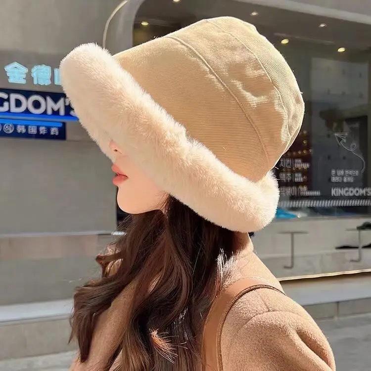 Plush bucket hat women's autumn and winter simple retro face small bucket basin hat plush warm hat