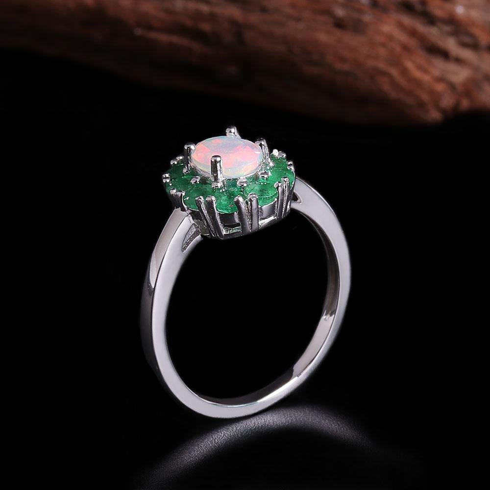 Inel superb din argint sterling 925 cu design floral, opal natural, smarald, pietre prețioase reale, bijuterii fine pentru cadouri de aniversare pentru femei