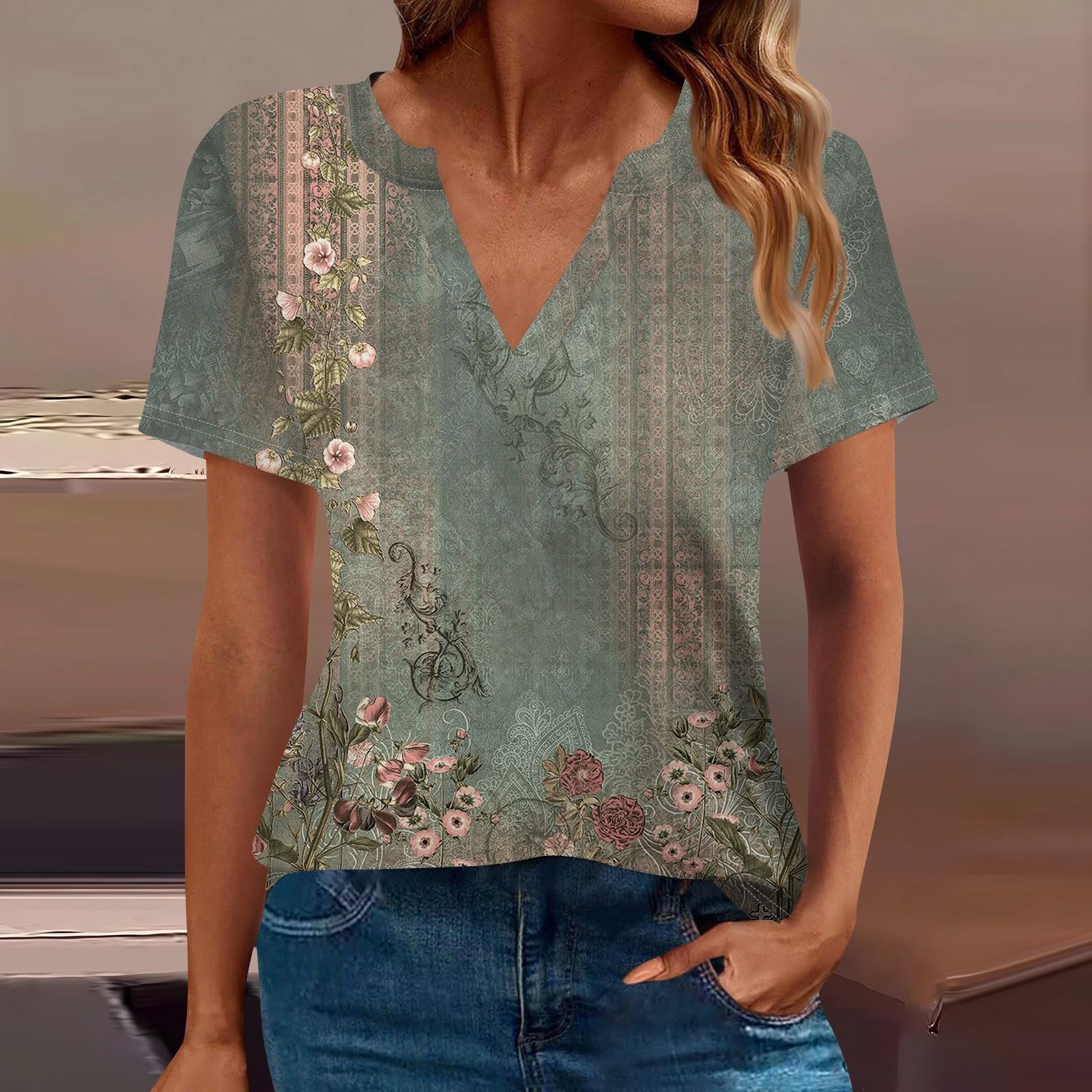 

Женская футболка Футболка с принтом с коротким рукавом Повседневные выходные Мода Базовый топ с V-образным вырезом Обычный топ M зелёный