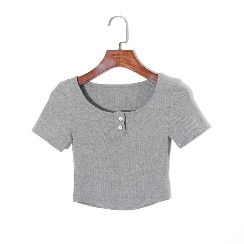 

2025 Summer Women s Clothing K-style Minimalist Pure Color round Neck Pullover Short Sleeve Silm Stretch Plaid All-Matching Short T-shirt Grey S