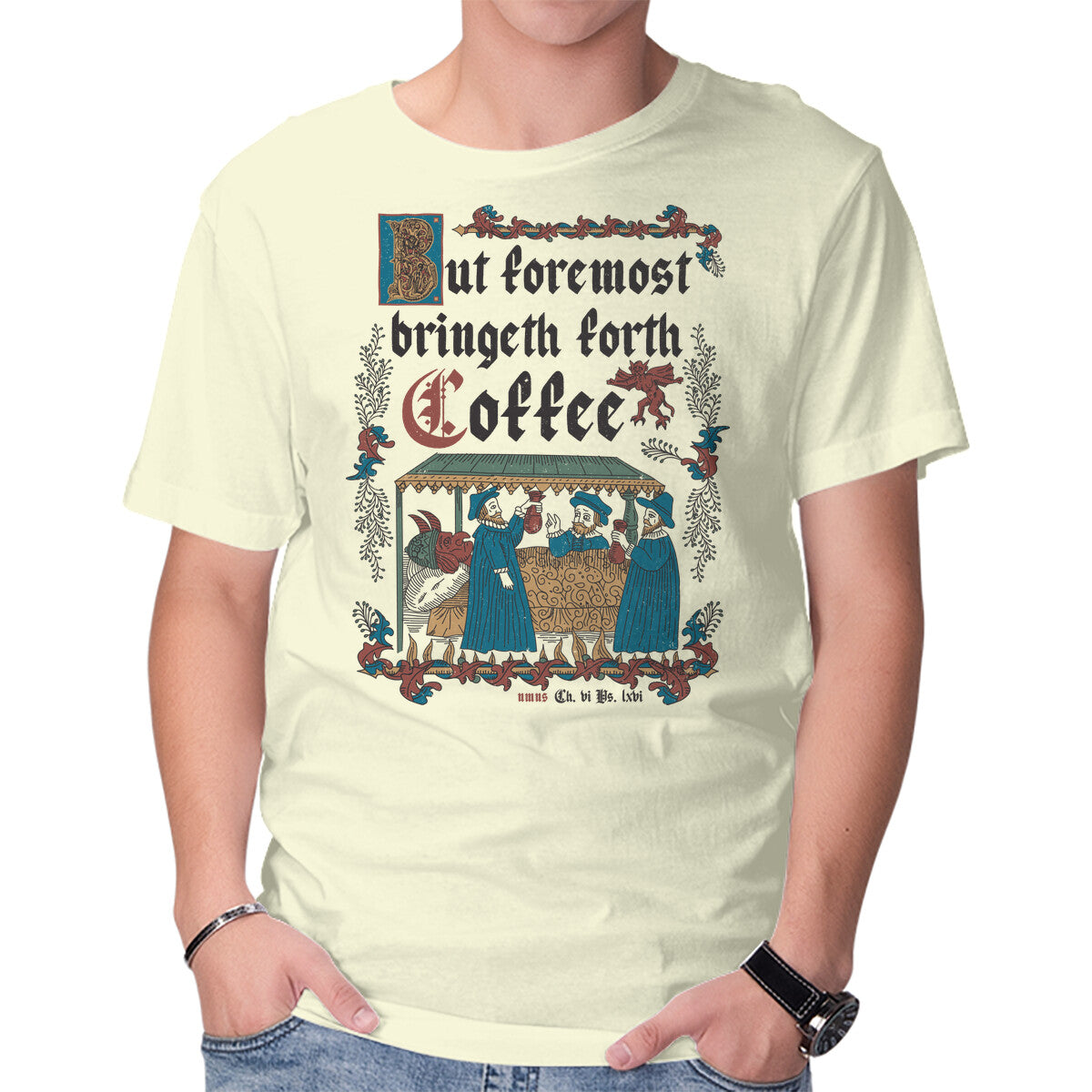 Unisex Crew Neck T-Shirt But First Coffee Medieval Style Graphic Short Sleeve Casual Tee M