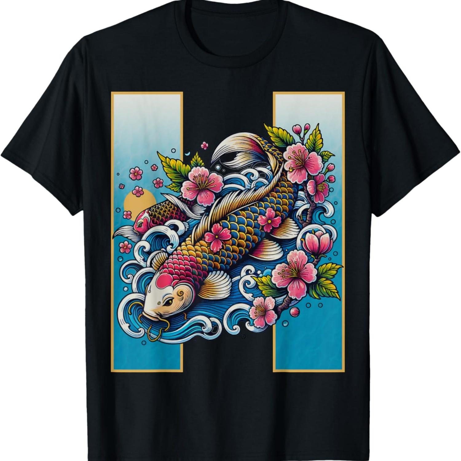 Garden Koi Carp Nishikigoi Fish Cherry Blossom T-Shirt(2) S чёрный