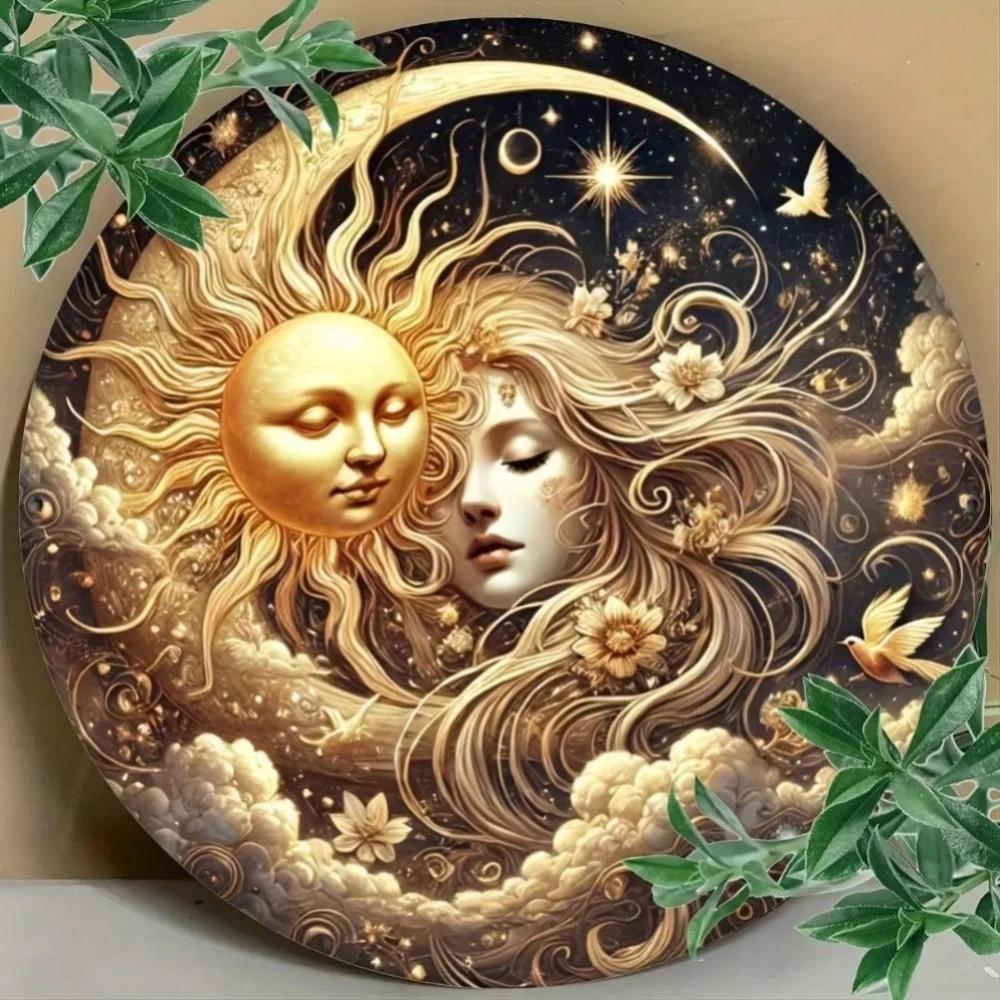 Celestial Sun Moon Round Metal Wall Art with Floral Motifs for Home Decor