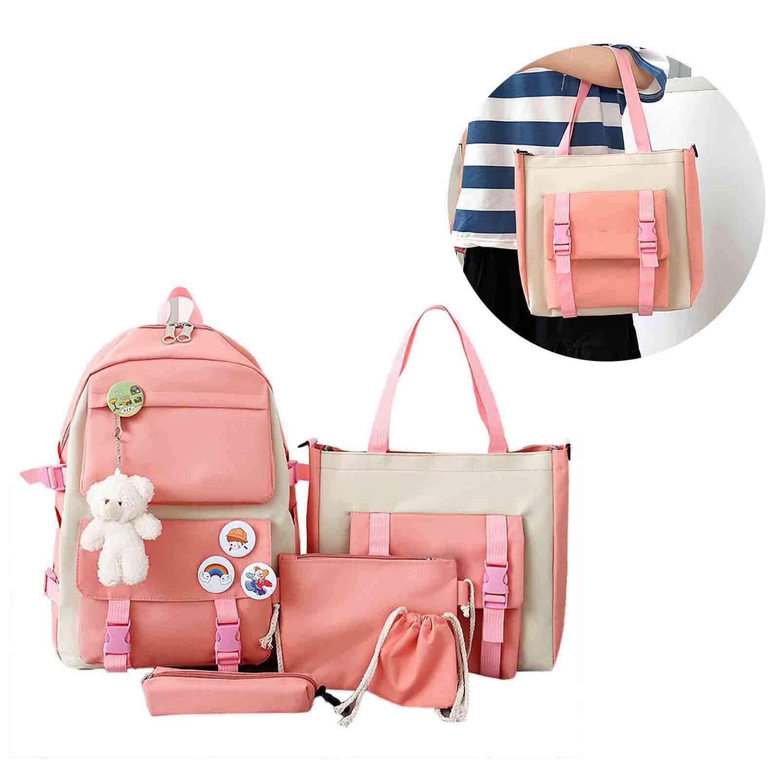 

5Pcs School Bags Set Large Capacity Shoulder Bag Stationery Bag Coin Purse Canvas Student Bags Set for Boys Girls Pink