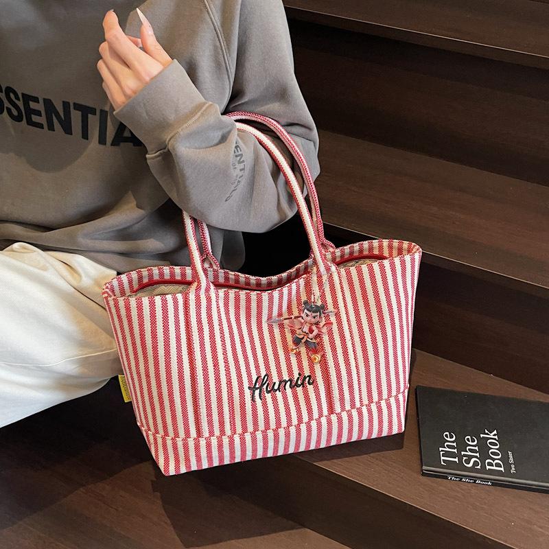 ins wind striped canvas handbag women's 2025 spring and summer large capacity tote bag shoulder bag travel bag