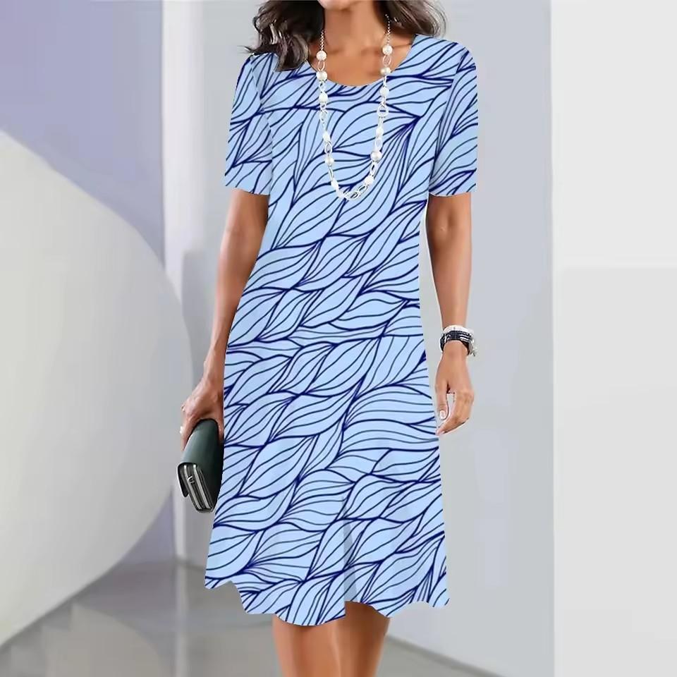 Summer Women's Dresses Fashion Round Neck Short Sleeve Simple Striped Printed Casual Women's Clothing Bohemian Style