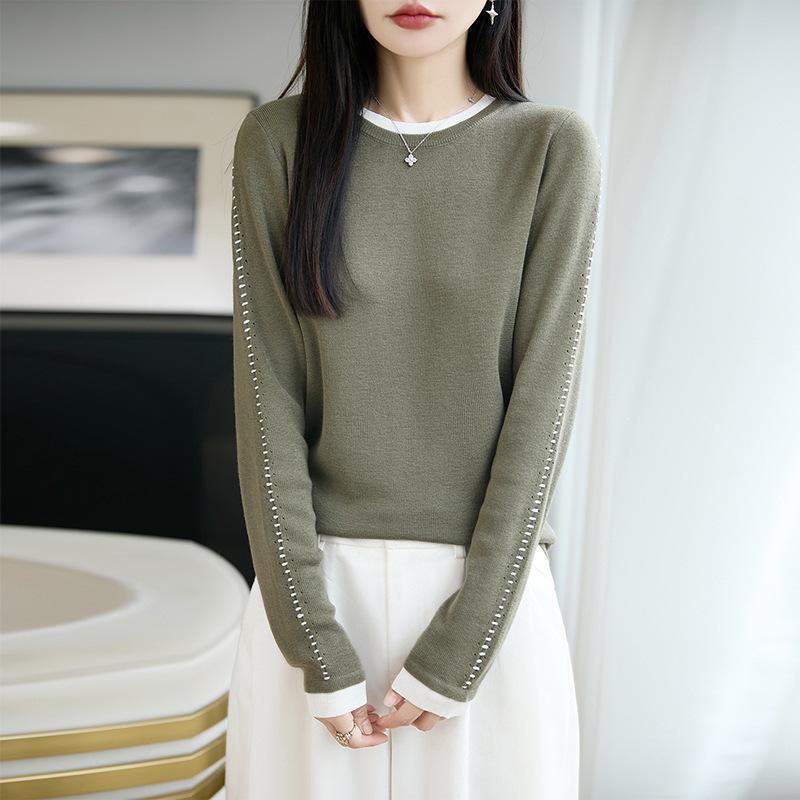Women's Slim Fit Contrast Color Wool Pullover - Soft, Long-Sleeve Round Neck for Autumn & Winter